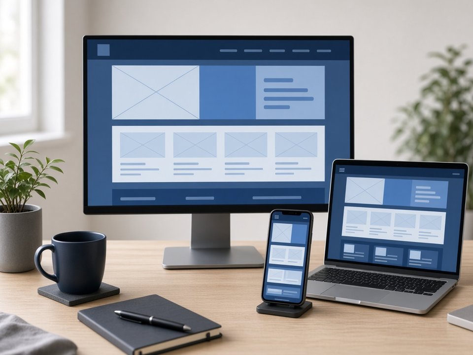 Monitor, laptop y celular mostrando el mismo diseño de un sitio web sobre un escritorio (imagen ilustrativa)