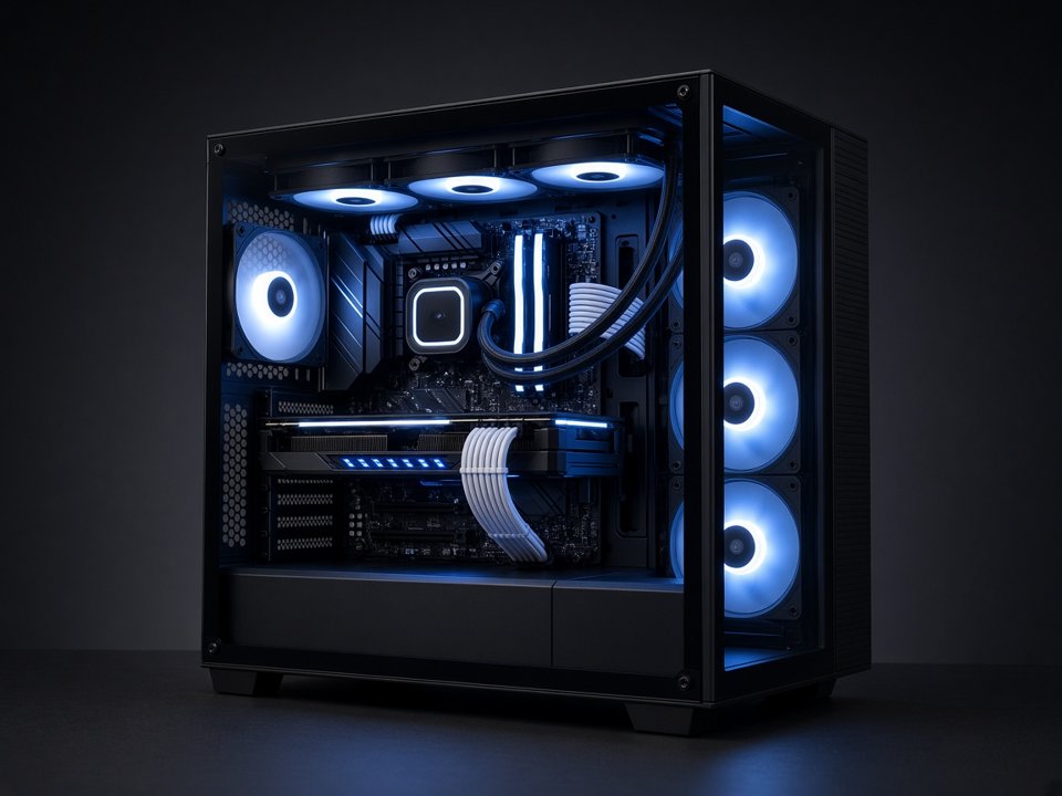 Computadora de escritorio con gabinete de cristal, ventiladores e iluminación azul (imagen ilustrativa)