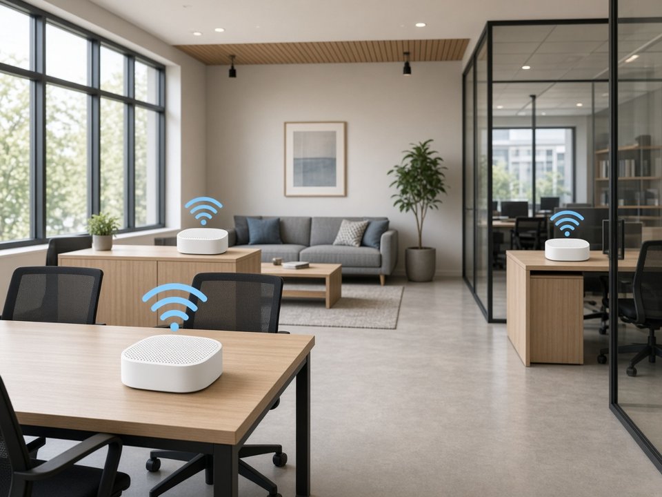 Oficina moderna con tres nodos de una red WiFi mesh distribuidos en distintas áreas (imagen ilustrativa)